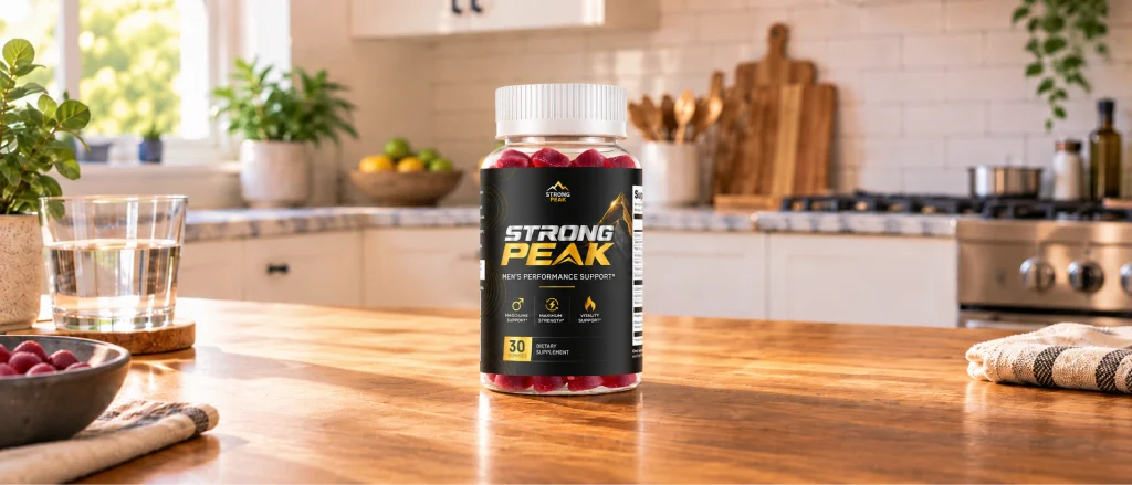 Strong Peak gummy bottle in a bright kitchen